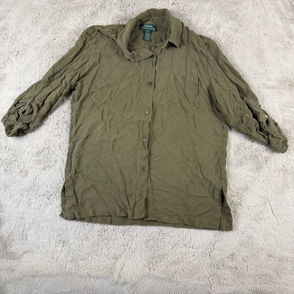 Lauren Ralph Lauren Silk Button Down Top Ruched Sleeve Olive Green‎ 14